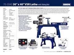 Rikon 30 In. x 40 In. Heavy Duty VSR Lathe with Sliding Bed 70-3040